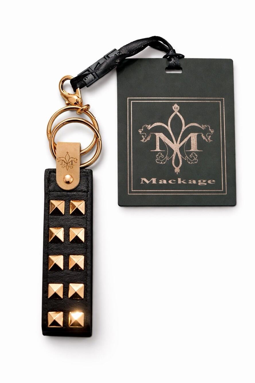 Mackage Black Leather Studded Keychain Gold Ring Fob NWT Designer Y2k Goth Edgy